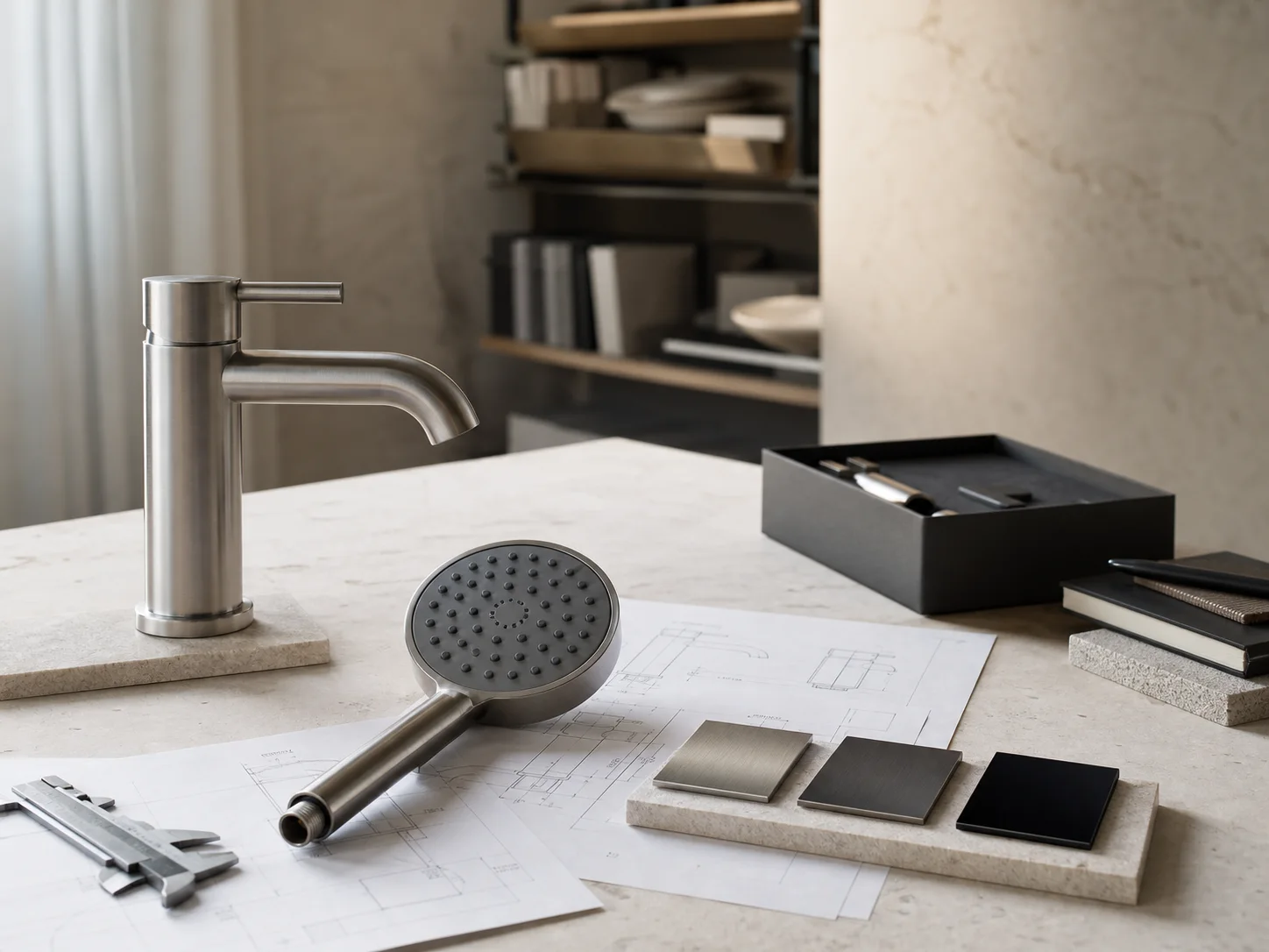 Bathroom product samples, finish swatches and drawings arranged for design review