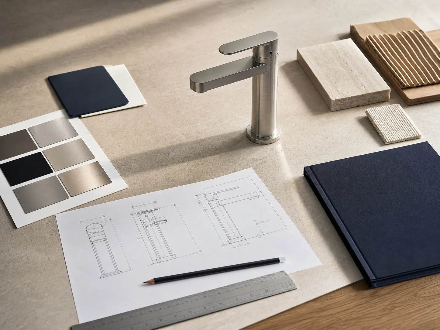 Basin faucet, finish swatches and drawings arranged for a sourcing brief