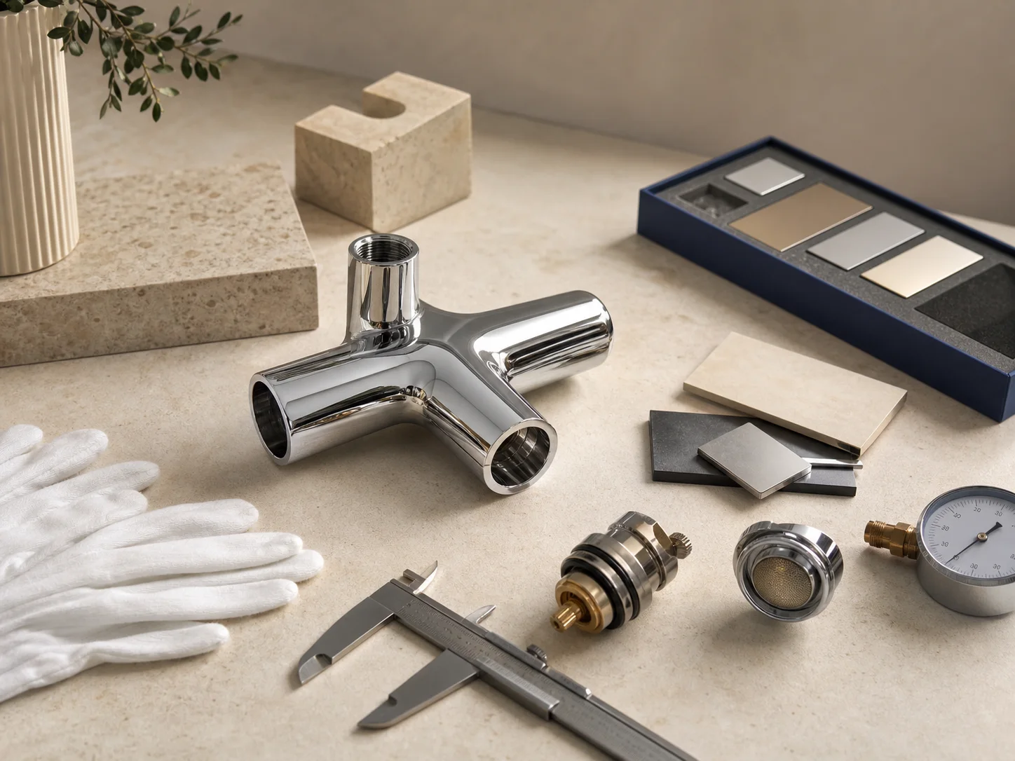 Faucet components, measuring tools and finish samples arranged for review