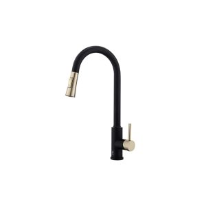 Black and Gold Pull-Down Kitchen Faucet, Brushed Gold Sprayhead — TWG-KF-014
