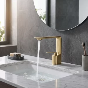 Brushed Gold Square Blade-Spout Bathroom Faucet, Side-Lever — TWG-BF-010
