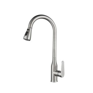 Brushed Nickel Flat-Lever Pull-Down Kitchen Faucet with Slim Gooseneck — TWG-KF-033