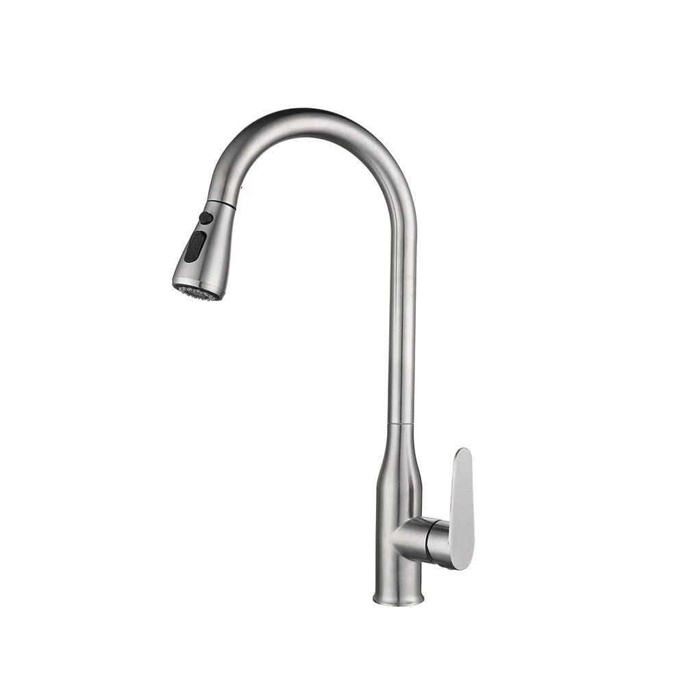 Brushed Nickel Flat-Lever Pull-Down Kitchen Faucet with Slim Gooseneck — TWG-KF-033