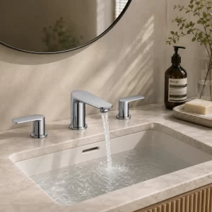 Chrome Curved-Spout Widespread Bathroom Faucet, Dual Lever Handles — TWG-BF-005