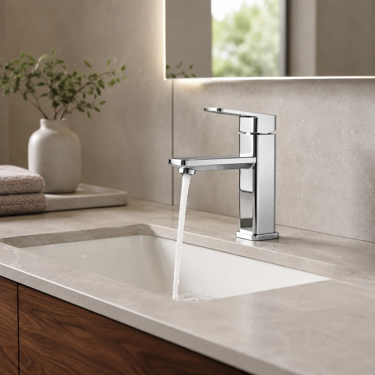 Chrome Square-Edge Bathroom Faucet, Polished Slim Spout — TWG-BF-020