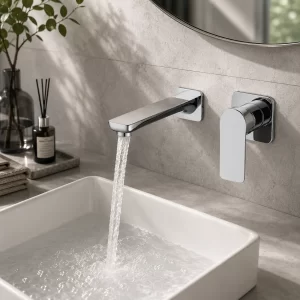 Chrome Two-Piece Wall-Mount Single-Lever Bathroom Faucet, Angular Spout — TWG-BF-006