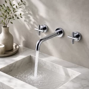 Chrome Wall-Mount Widespread Cross-Handle Bathroom Faucet, Gooseneck Spout — TWG-BF-007