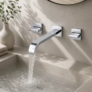 Chrome Wall-Mount Widespread Waterfall Bathroom Faucet, Dual Square Levers — TWG-BF-008