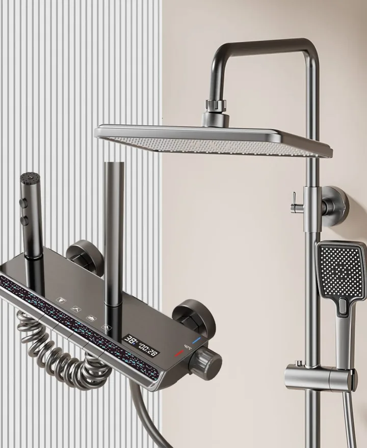 Digital thermostatic shower system in gunmetal finish
