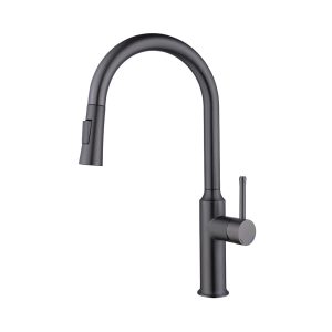 Gunmetal Grey Gooseneck Pull-Down Kitchen Faucet, Single Lever — TWG-KF-015