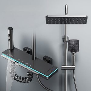 LED Digital Aluminum Rainfall Shower System with Waterfall Spout & Handheld Shower – Gun Grey / White — TWG-SS-060