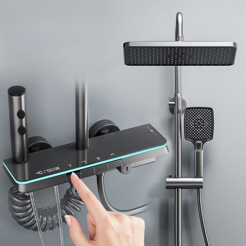 LED Digital Waterfall Rain Shower System with Handheld Shower & Shelf — TWG-SS-058