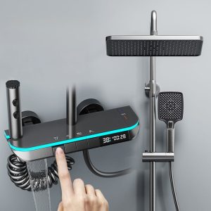 LED Digital Waterfall Rainfall Shower System with Shelf & Handheld Shower – Gun Grey / White — TWG-SS-059