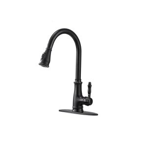 Matte Black Gooseneck Pull-Down Kitchen Faucet with Deck Plate — TWG-KF-011