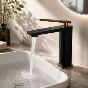 Matte Black & Rose Gold Waterfall Bathroom Faucet, Squared — TWG-BF-015