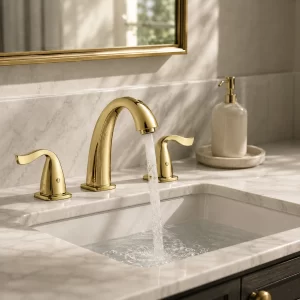 Polished Gold Gooseneck Widespread Bathroom Faucet, Scroll Handles — TWG-BF-004