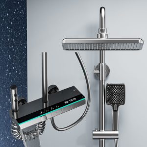 Premium Gun Grey Digital Thermostatic Shower System with LED & Waterfall — TWG-SS-026
