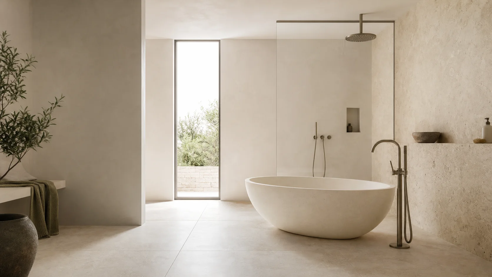 Warm minimalist bathroom interior with a freestanding bathtub