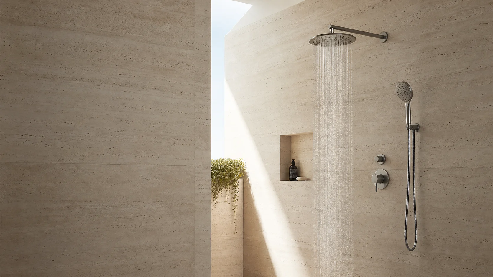 Contemporary shower space with natural stone surfaces