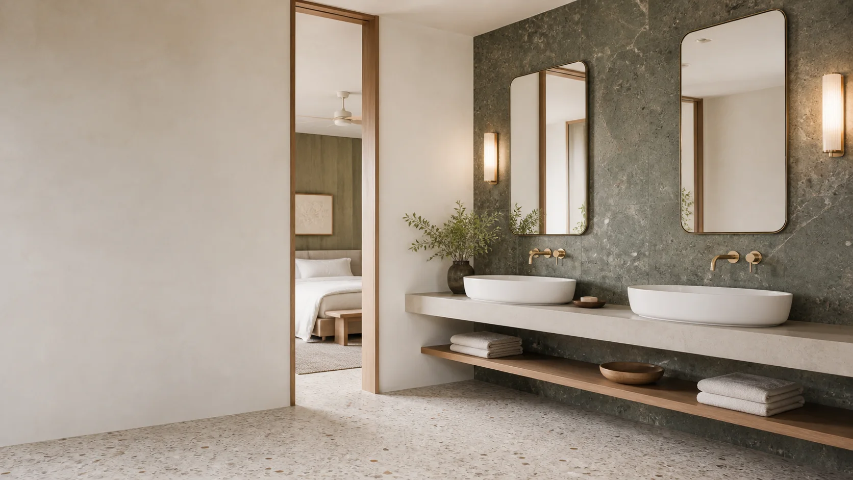 Modern double-basin bathroom interior in natural materials