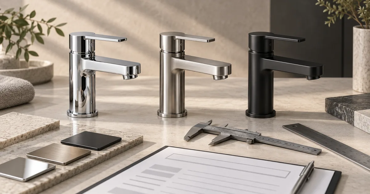 Three faucet samples in chrome, brushed nickel and matte black arranged with inspection tools for comparison
