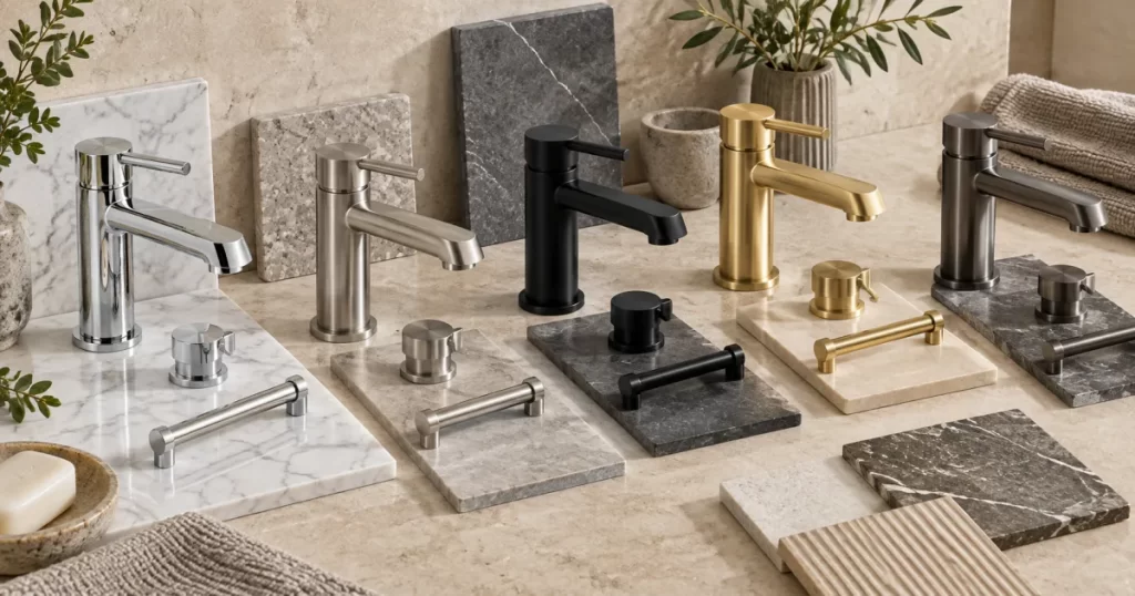Five coordinated bathroom faucet finishes displayed with stone and porcelain material samples