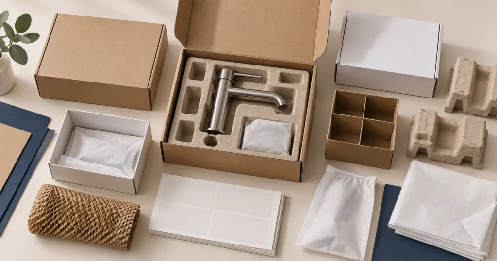 Unbranded faucet packaging with protective molded inserts, plain cartons, label sheets and wrapping materials