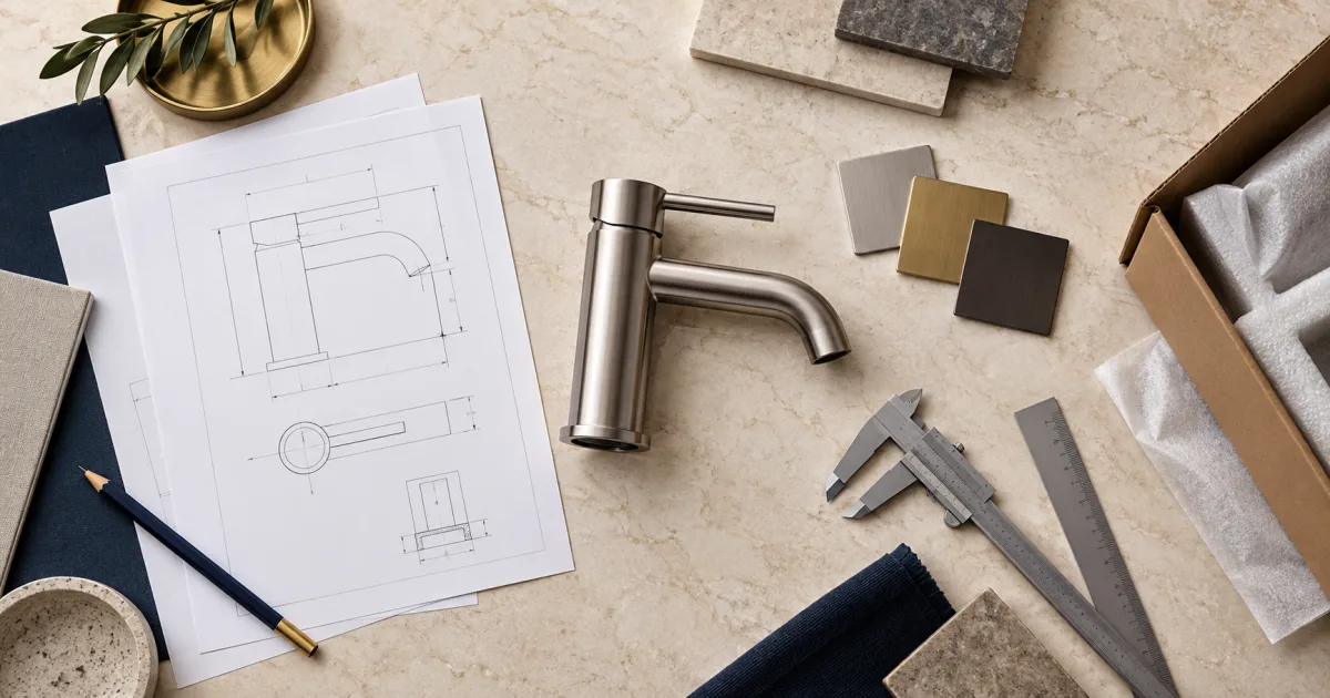 Bathroom faucet sample with technical drawings, finish swatches and measuring tools prepared for a quotation brief