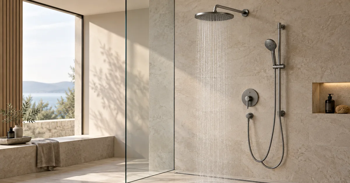Complete shower system with overhead rain shower, hand shower, mixer controls and diverter on a beige stone wall