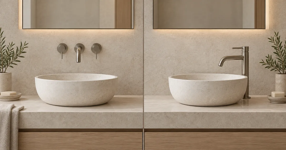 Side-by-side bathroom vanity comparison showing a wall-mounted faucet and a deck-mounted faucet
